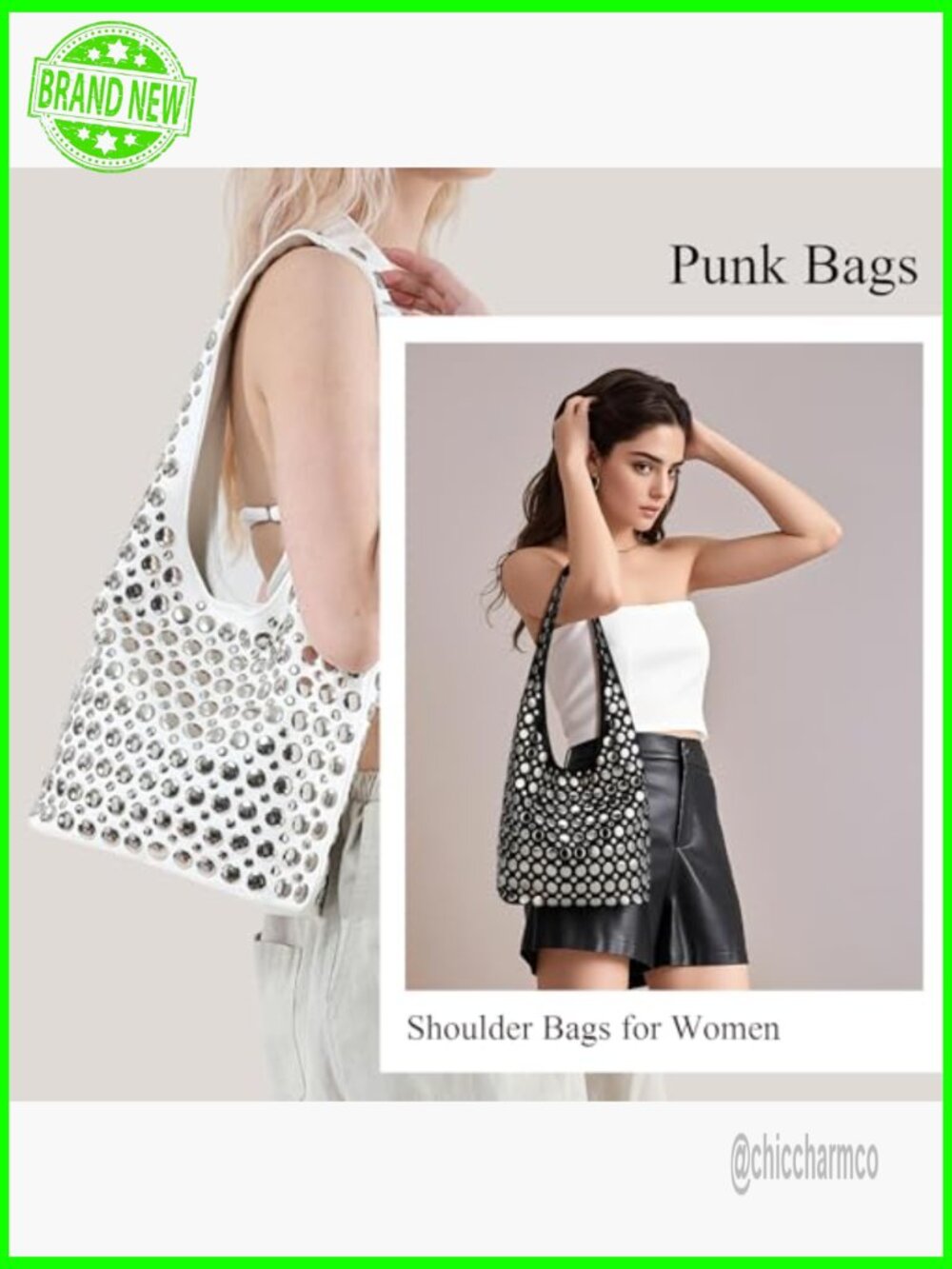 Studded Punk Hobo Shoulder Bag PU Leather Y2K Tote Handbag - Picture 2 of 7